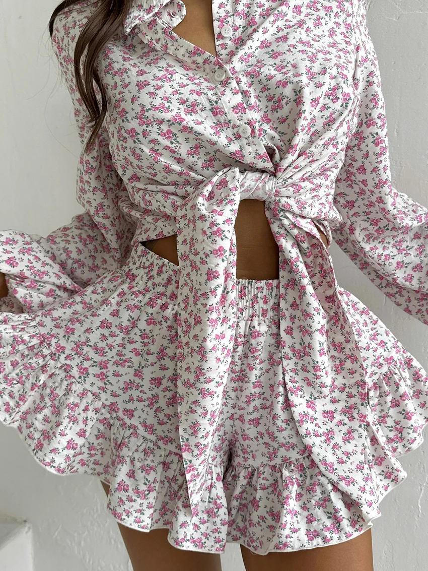 Marthaqiqi Printing Female Nightgowns Suit Long Sleeve Sleepwear Turn-Down Collar Pajama Shorts Causal Women Pyjamas 2 Piece Set