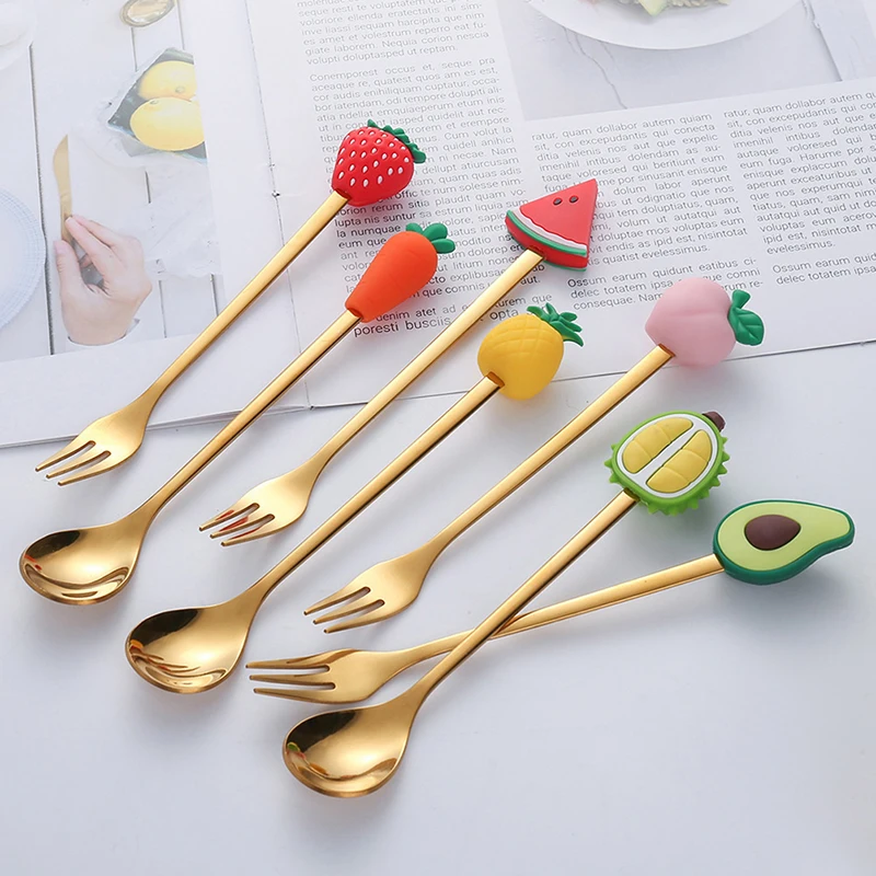 Cartoon Small Spoon Stainless Steel Fork Cartoon Macaron Dessert Spoons Fruit Kids Set Kitchen Accessories