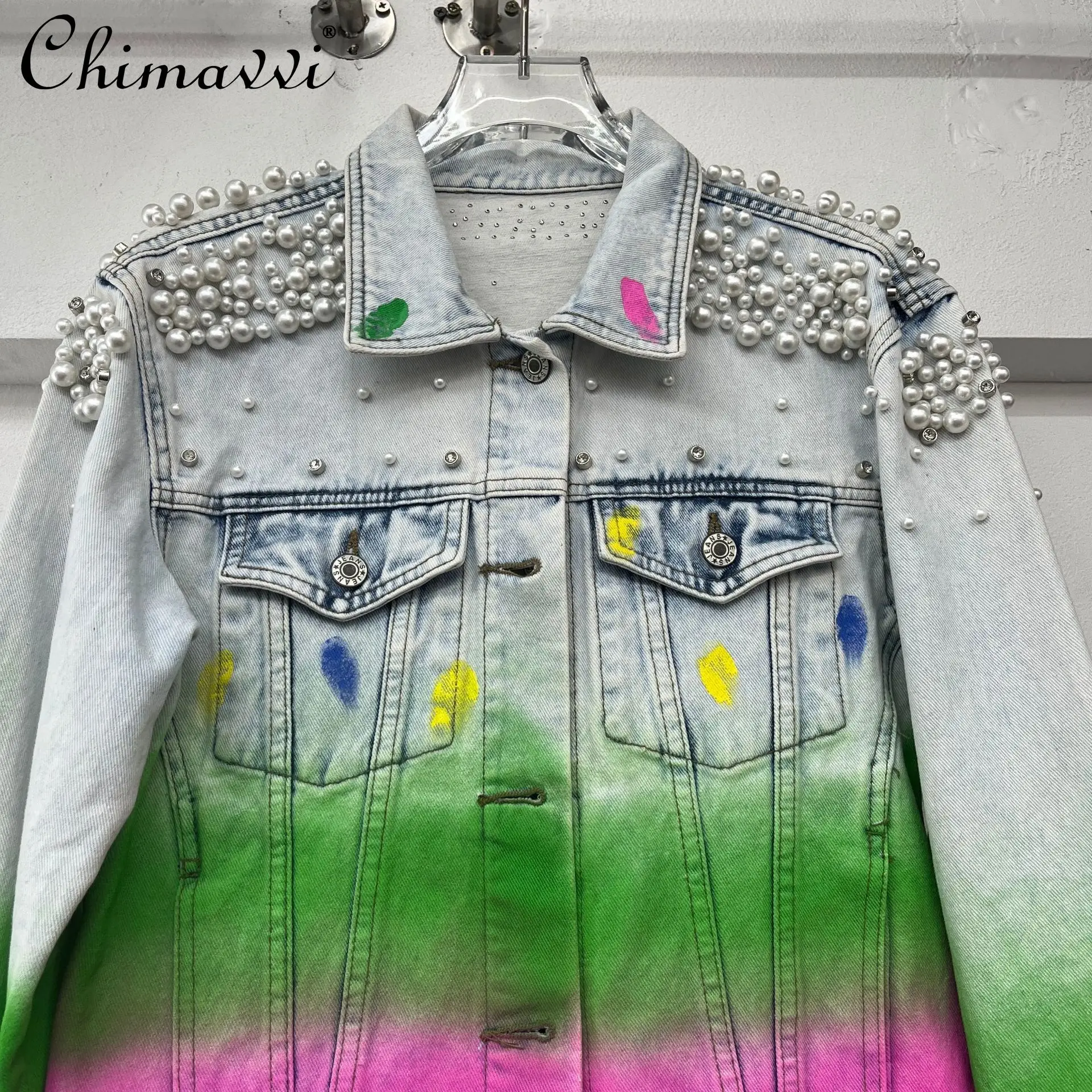 European Color Matching Printed Denim Jacket Women's 2025 Autumn New Fashion Heavy Beaded Top High Street Long-sleeved Coat