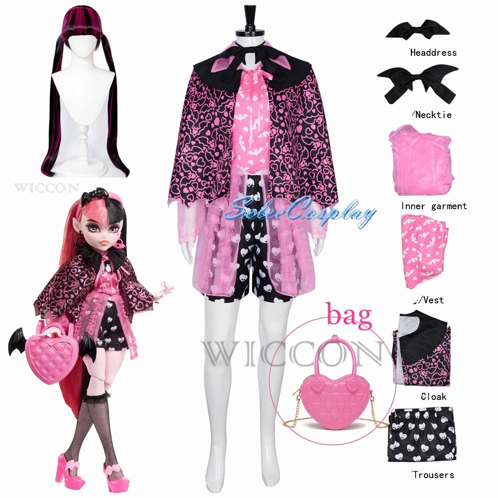 Anime Monster High Draculaura Cosplay Costume Pink DRESSES Cloak Accessories Wig Bag Set Halloween Party Outfit for Women