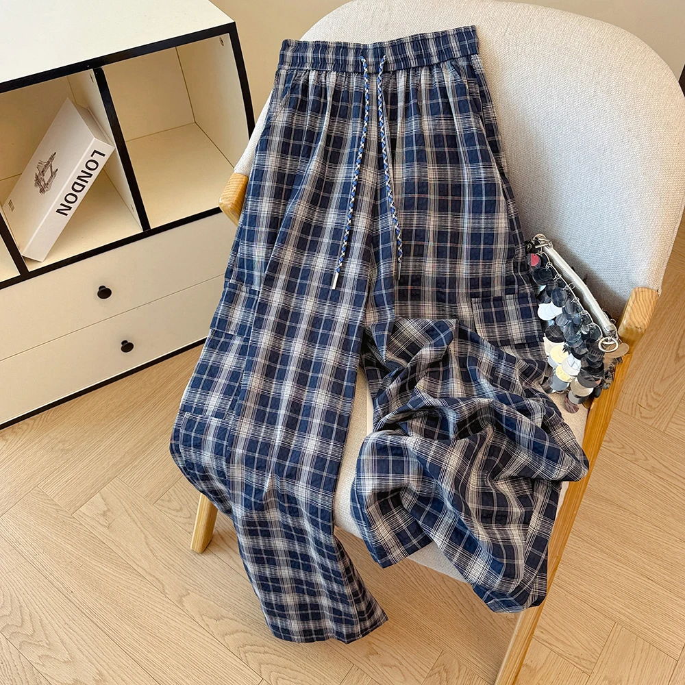 레트로 레이지 슬레 체크 팬츠 여성용 루즈 캐주얼 슬리밍 와이드 레그 팬츠 나이프 바나나 팬츠 코튼 스트레이트 컷 바지