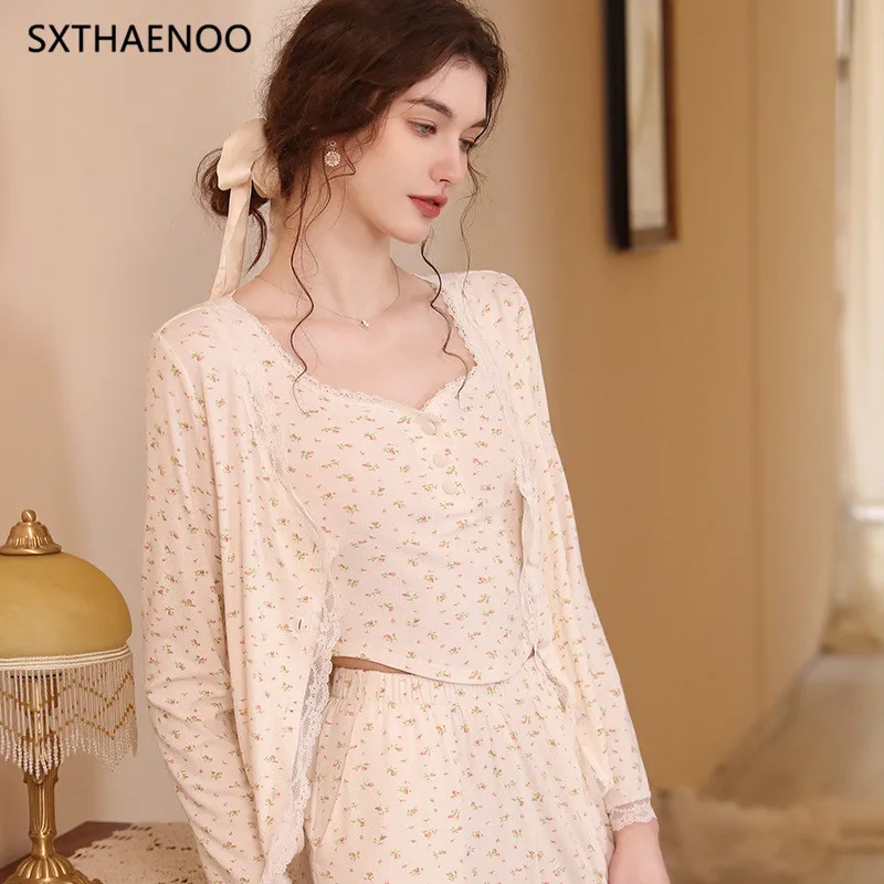 SXTHAENOO Women French Print Cotton Lace Pajamas Sleepwear 3 Piece Suits Cardigan Pants Feminino Sweet Girls Korean Lounge Sets