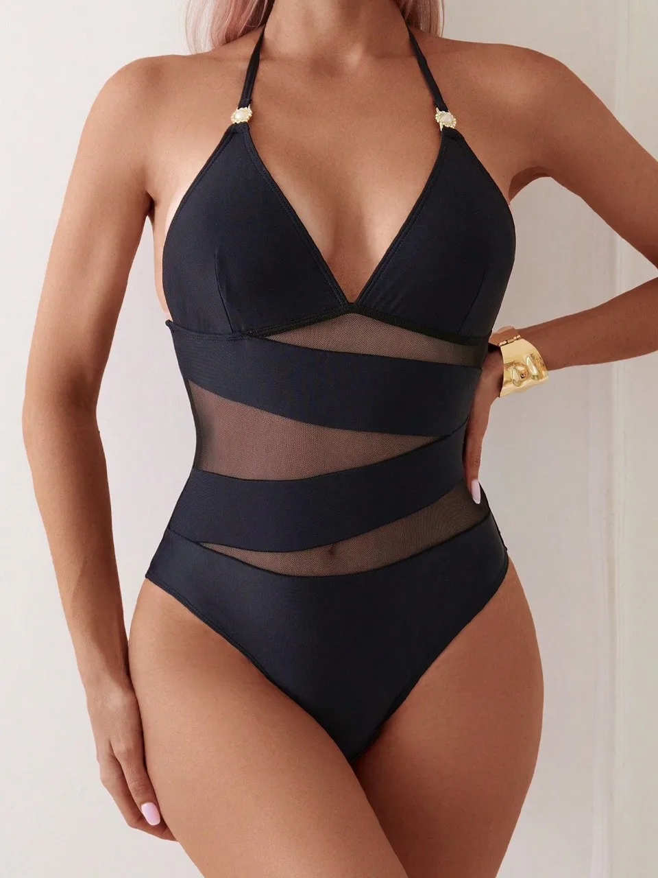 

2026 Halter String Swimwear Women One Piece Hollow Mesh Swimsuit Backless Bodysuit Female Bathing Swimming Suit Padded Beachwear