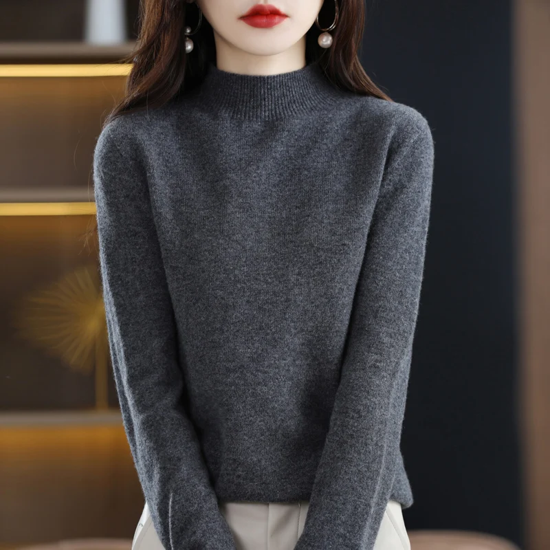 100% pure wool classic fashion women\'s semi-high collar solid color long sleeve loose slim sweater bottoming coat