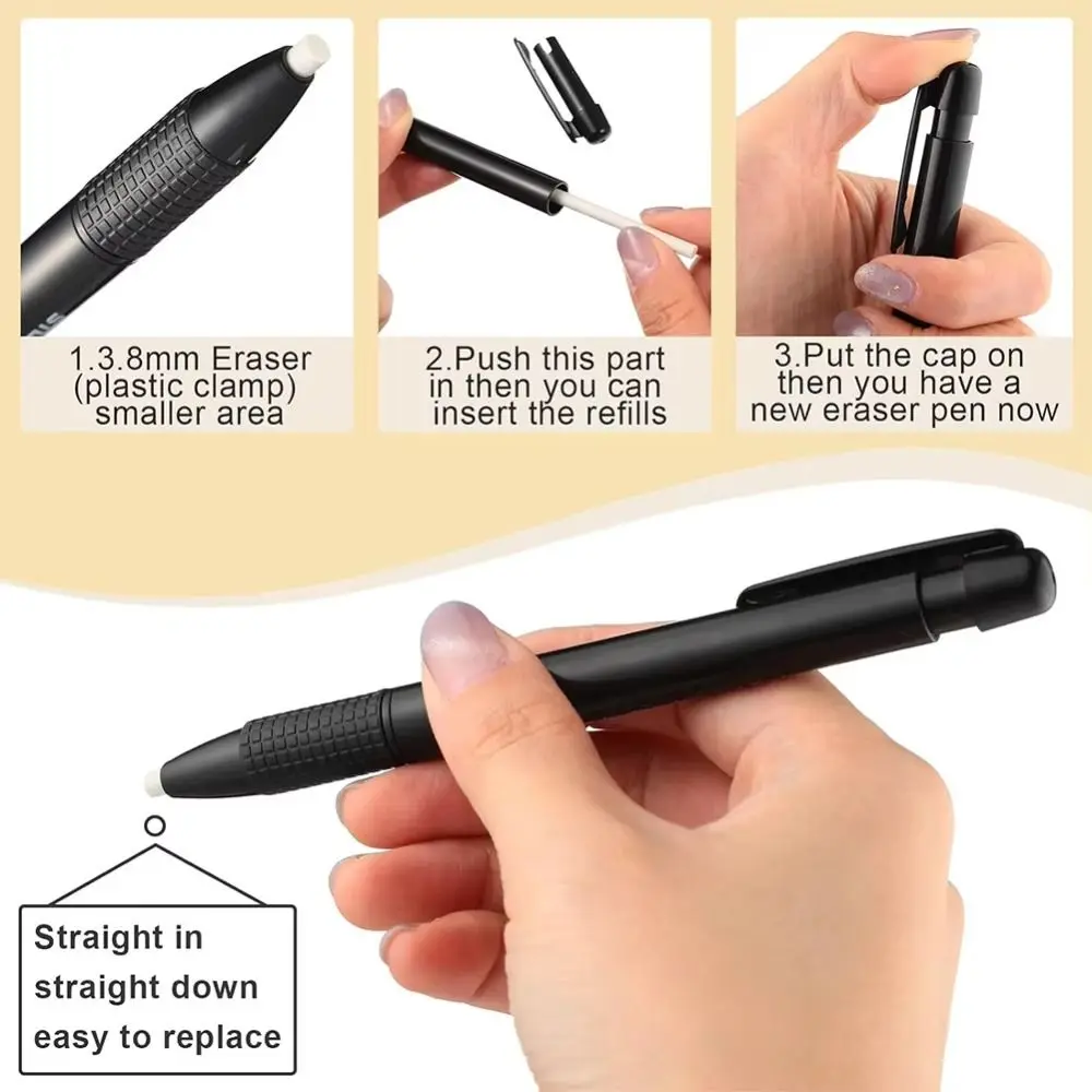 3.8mm Thin Tip Retractable Eraser Pen High Precision 5 Refills Eraser Stick Press Retractable Correction Tools