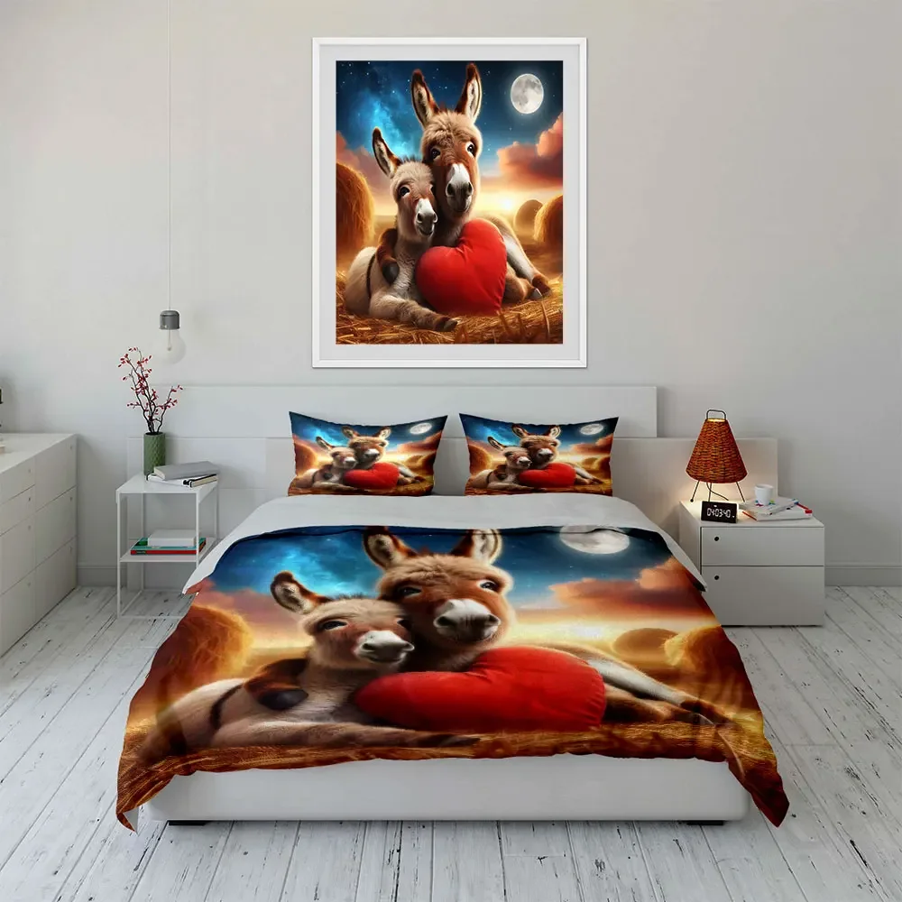 3Pcs Donkey Family Bedding Set, Mother and Baby Donkey with Heart Print Duvet Cover + 2 Pillowcases, cute bedroom Decor