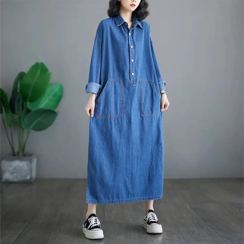 

Корейское винтажное потертое джинсовое платье для женщин, большие размеры, элегантная повседневная юбка средней длины с воротником-поло и разрезом