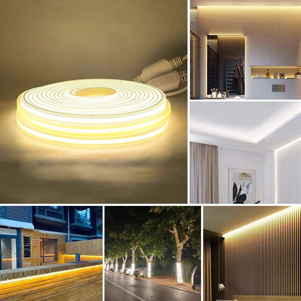 220V 110V COB LED Strip Light Waterproof Outdoor LED Lights Flexible COB LED Tape With EU US Power Plug Dimmable Linear Lighting