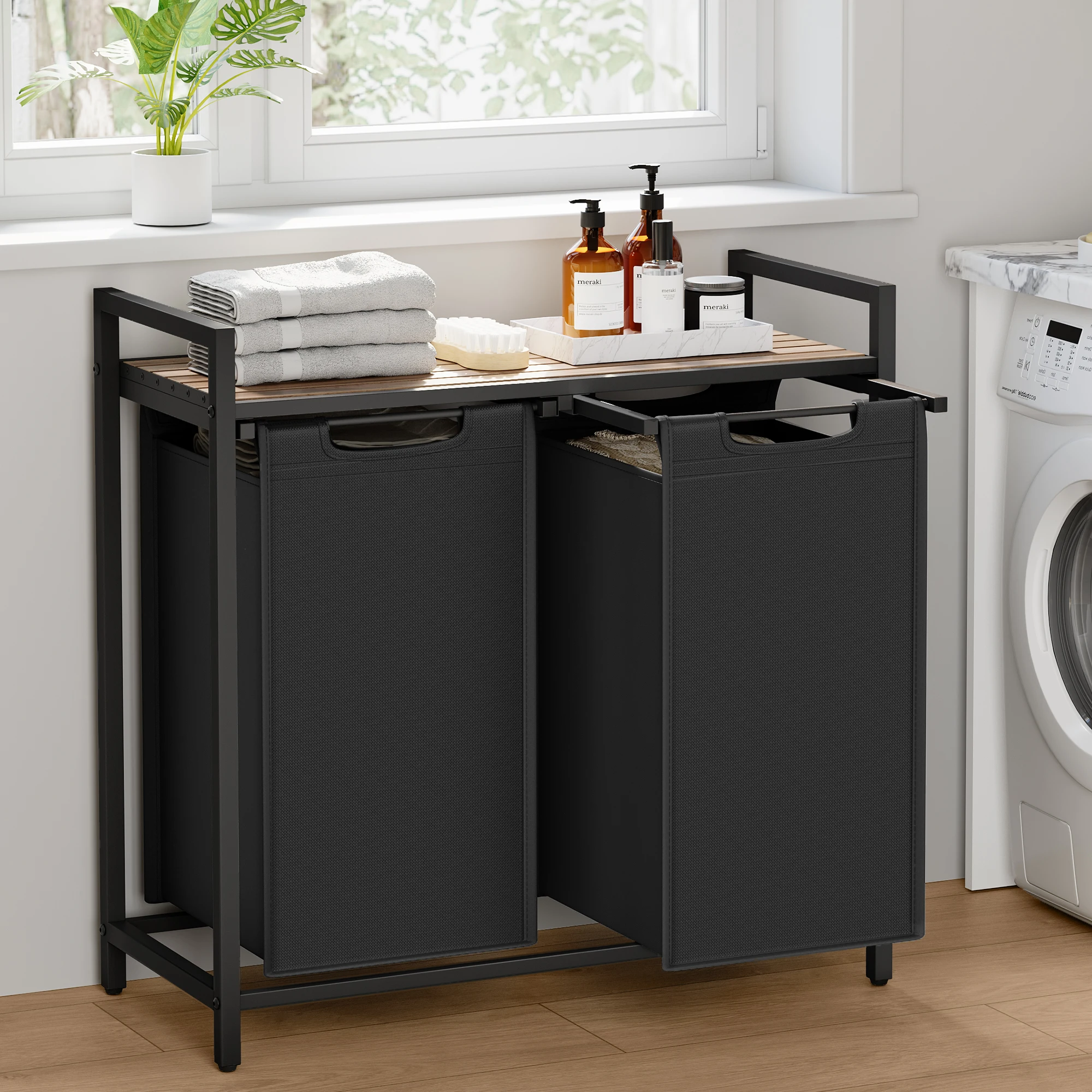 VASAGLE wasmand 2-handventilator Wasverzamelaar met opbergruimte, wasbox, waszak van Oxford-stof Uitschuifbaar afneembaar metalen frame