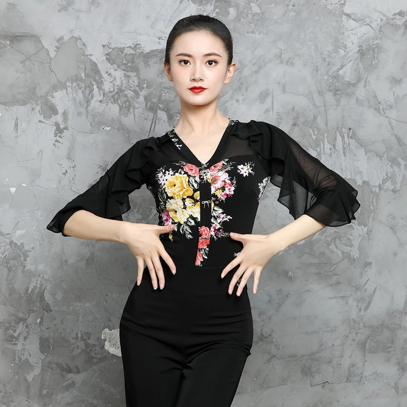 

Customized Latin Dance Practice Dress Female Adult Jumpsuit Lotus Leaf Friendship Training Modern Dance Dress Top платье бахрома