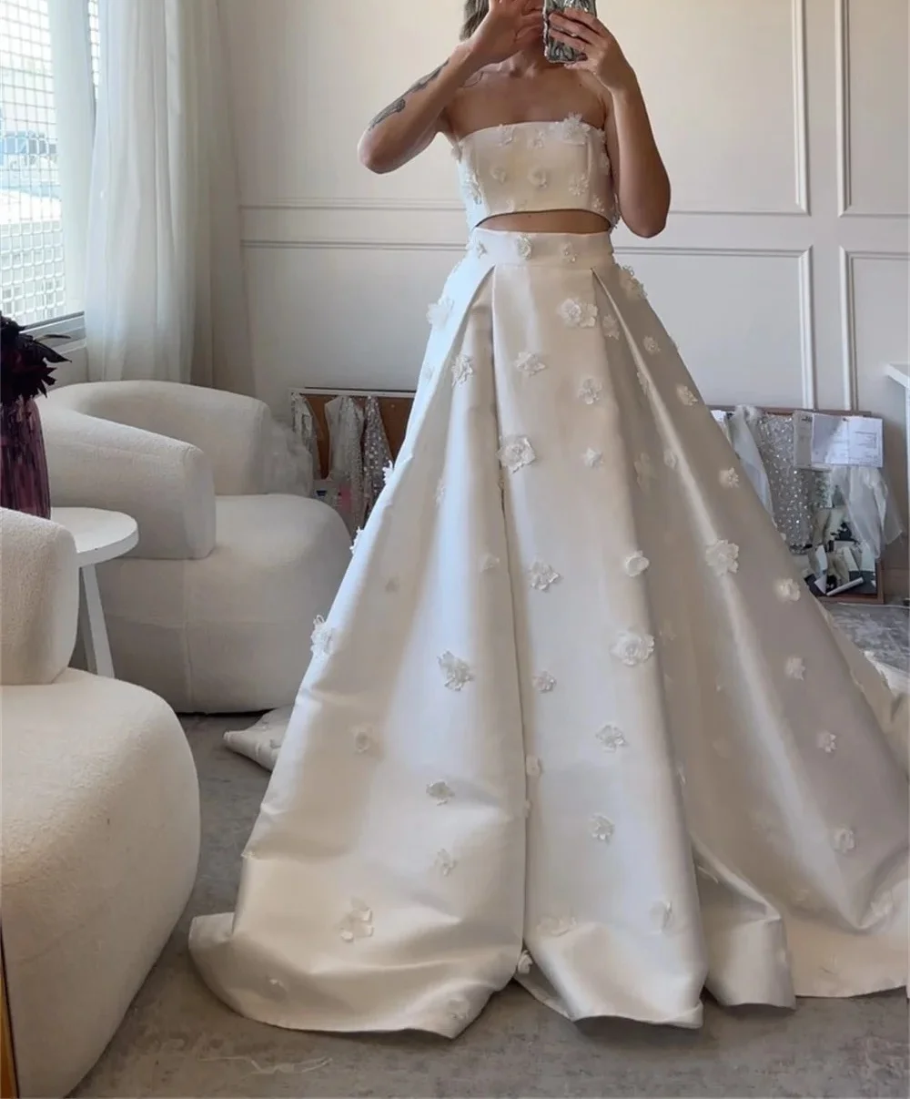 Elegant Long Satin Flower Embellished Wedding Dress Two Piece A-Line Sheath Pleated Bridal Gown Customized