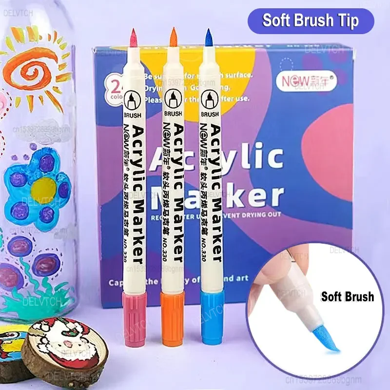 12/24/36 Color Soft Brush Tip Acrylic Paint Marker Pen Set 1mm-6mm Line Art Drawing Painting for Cards Stone Ceramic Wood Fabric