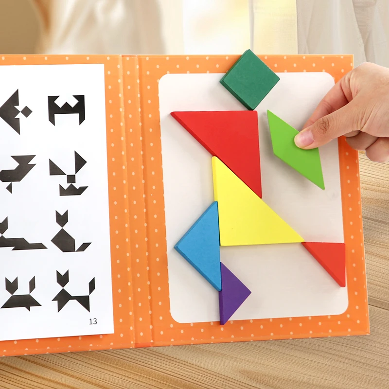 Kids Wooden Jigsaw Magnetic Tangram Puzzle Book Educational Toys Children Portable Montessori Learning Intelligence Baby Gift