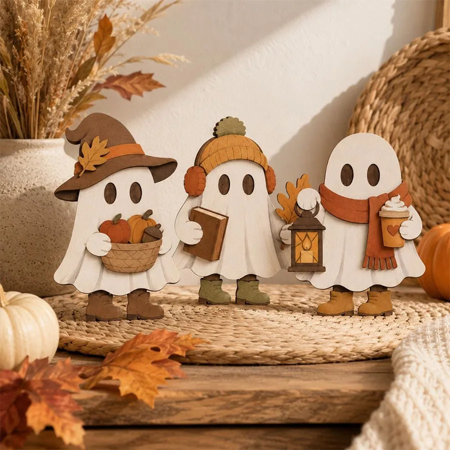 Dekorative Herbst-Ornamente aus Holz, bestehend aus drei Teilen, niedliche Herbst-Regaldekorationen, geeignet für Halloween, Weihnachten, Thanksgiving, als Tischdekoration, für den Schreibtisch im Büro, das Wohnzimmer – Detail 1