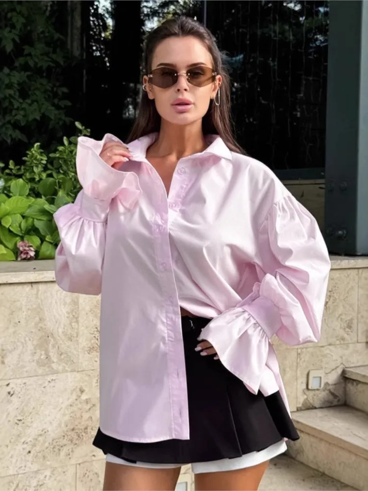 

Female Fashion Solid Color Office Top Flip Collar Single-row Buckle Loose Woman Shirt Spring Autumn Lady Flared Sleeves Blouses