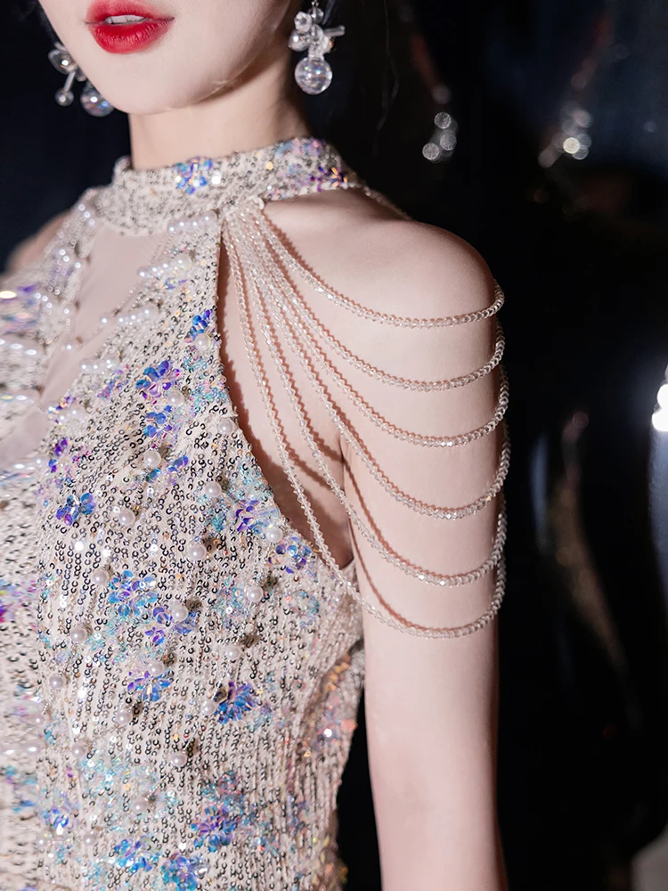 Ele Abito da sera da donna Nuovo 2025 di fascia alta di lusso Fi Tail Paillettes Anno di fine Par Coreano Sle Cerniera Bal Lungo...