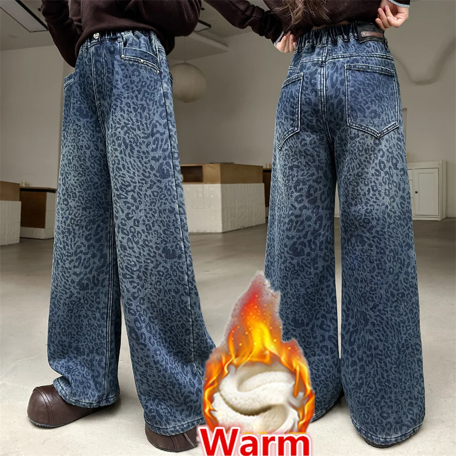 

Fashion American Girls Blue Leopard Print Winter Insulated Jeans Street Style Kids Children Trendy Warm Fleece Lined Denim Pants