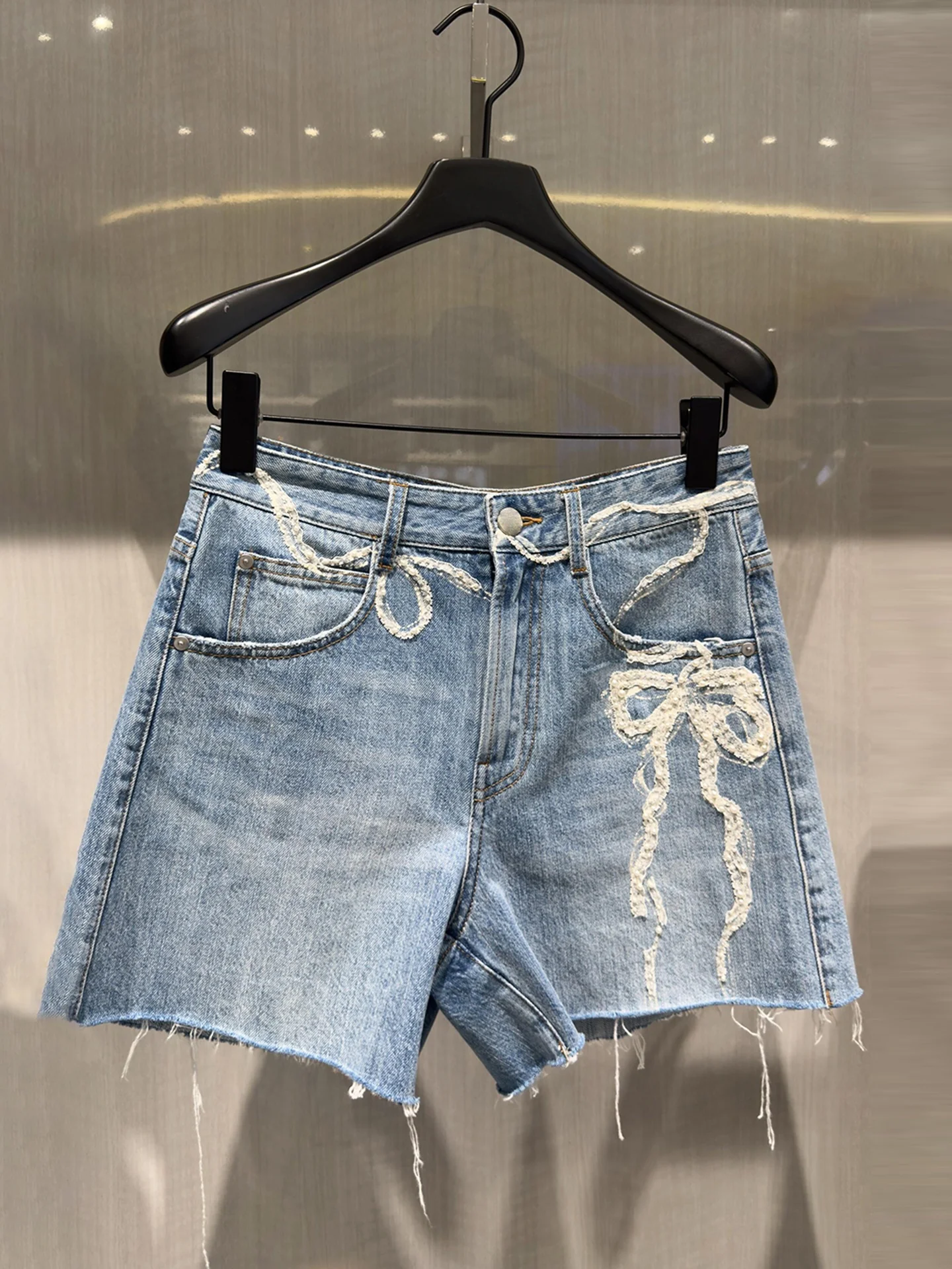 High Waist Washed Denim Shorts with Lace And  Knot Design Summer Collection Women's Premium Fashion Casual Wide Leg ...