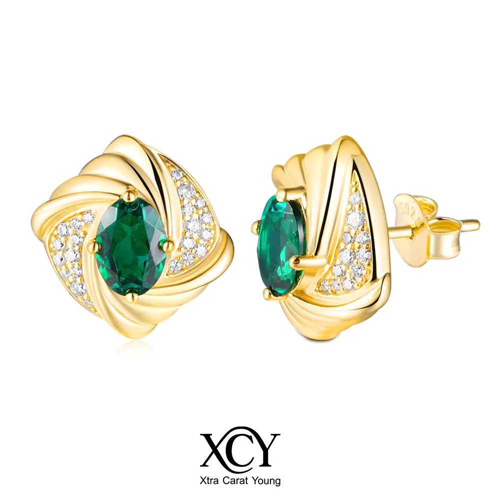 

XCY 5*7mm Cultivate Emerald Moissanite Earrings for Women 925 Sterling Silver 14K Gold Color Plated Retro Studs Luxury Jewelry