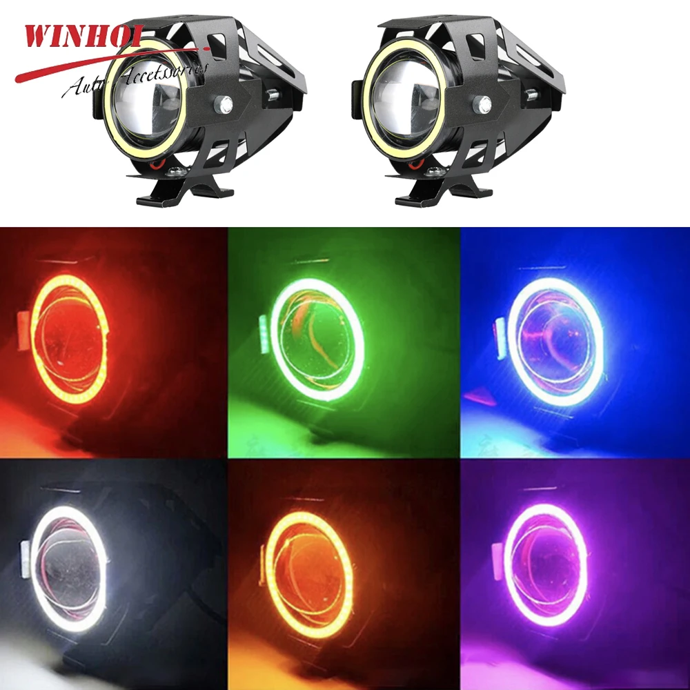 Led Motorcycle Headlight with Abgle Eyes 125W Additional Spotlights Fog Lights Universal Motorbike Auxiliary U7 LED Driving Lamp