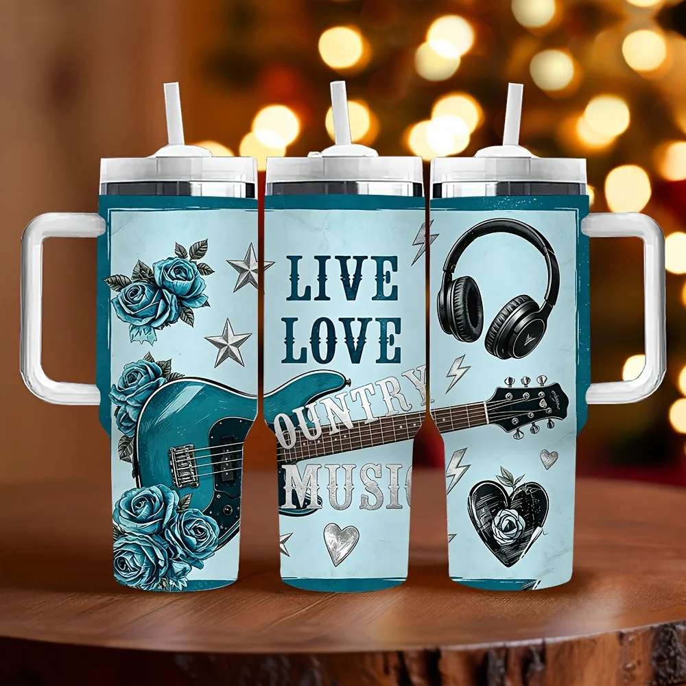 40oz Insulated Tumbler with Handle, Printed with Live Love Country Music Elements, Perfect Holiday Birthday Gift for Music Lovers, Long Lasting Heat Preservation, Suitable for Daily Use and Outdoor Scenes