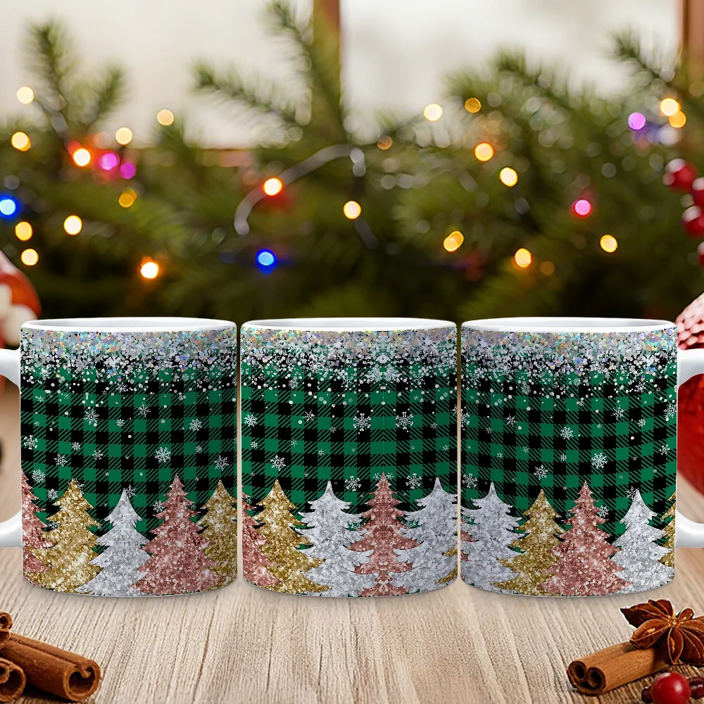 1pc Sparkling Christmas Buffalo Plaid & Xmas Tree Coffee Mug - Glittering Snowy design Holiday Drink Cup for Hot Cocoa, Tea, for party Decorations, Gifts for Family, Friends, Colleagues - Festive Tableware