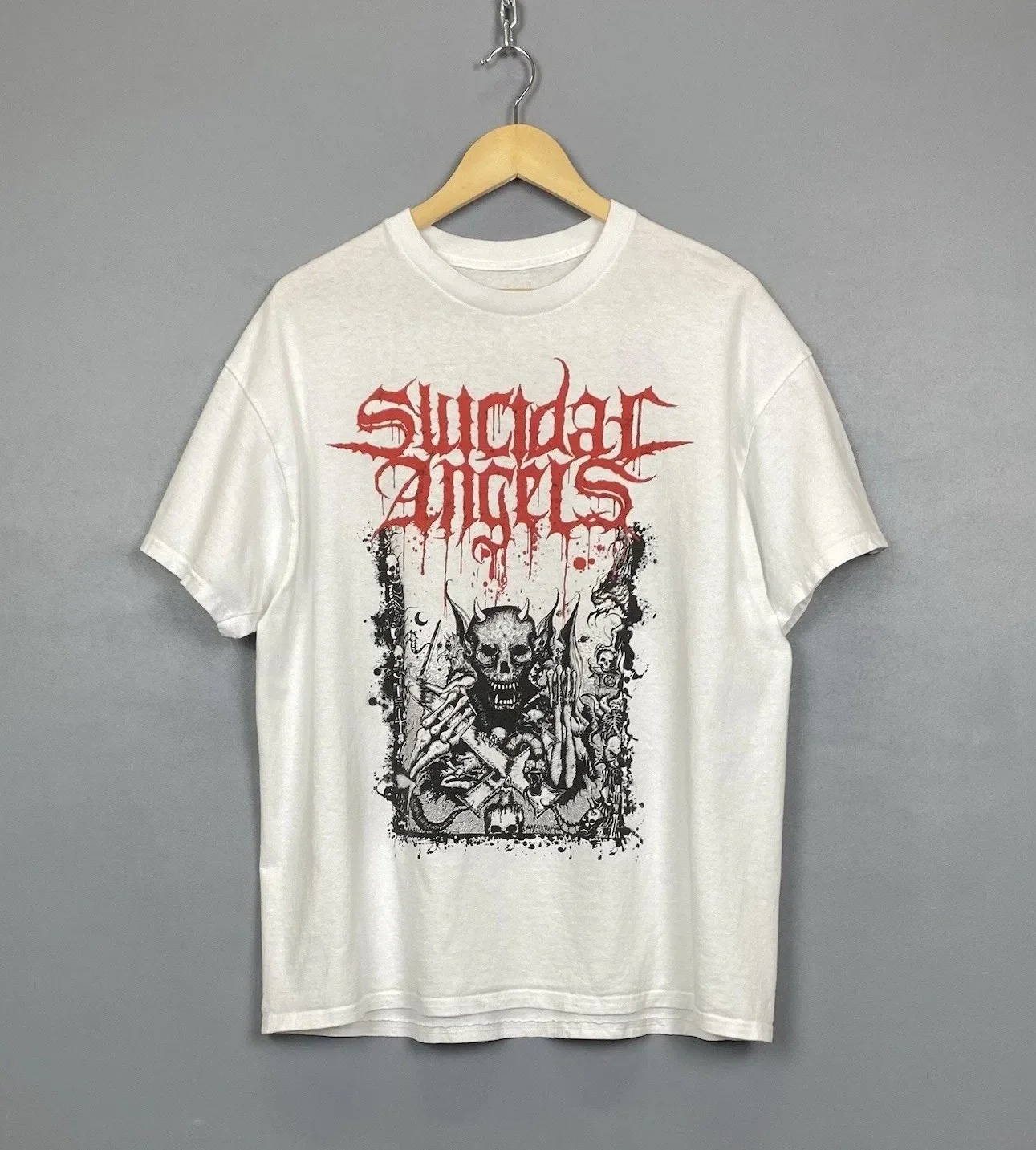 Suicidal Angels Rock Band T-Shirt Metal Skulls Ghotic Style Men’s Size M White