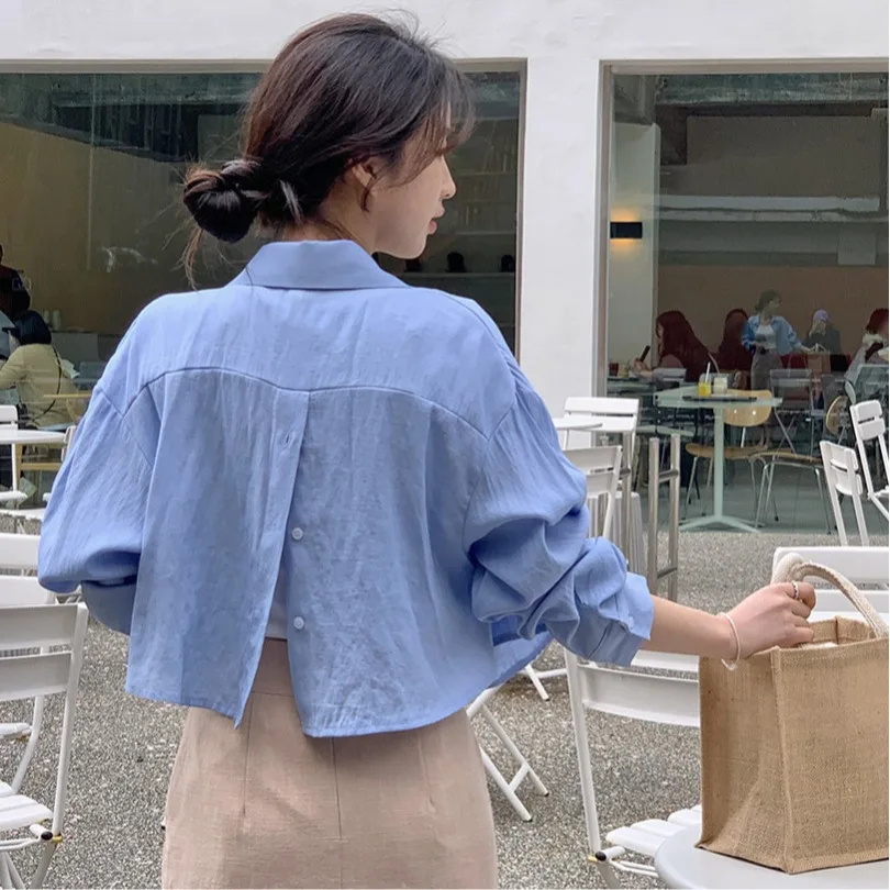 

Short Loose Long Sleeve Collared Shirt Subtle Design Back Split Single Button Korean Style Women's Fashion Spring Autumn Winter