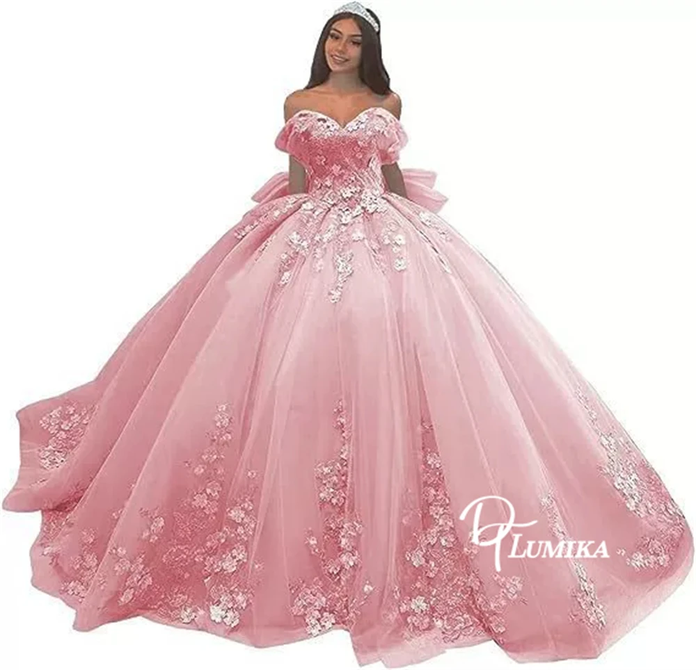 DTLumika Off the Shoulder Floral Sweet 15 Dresses Flowers Appliques Ball Gown Quinceanera Dresses Coming of Age Party Gowns