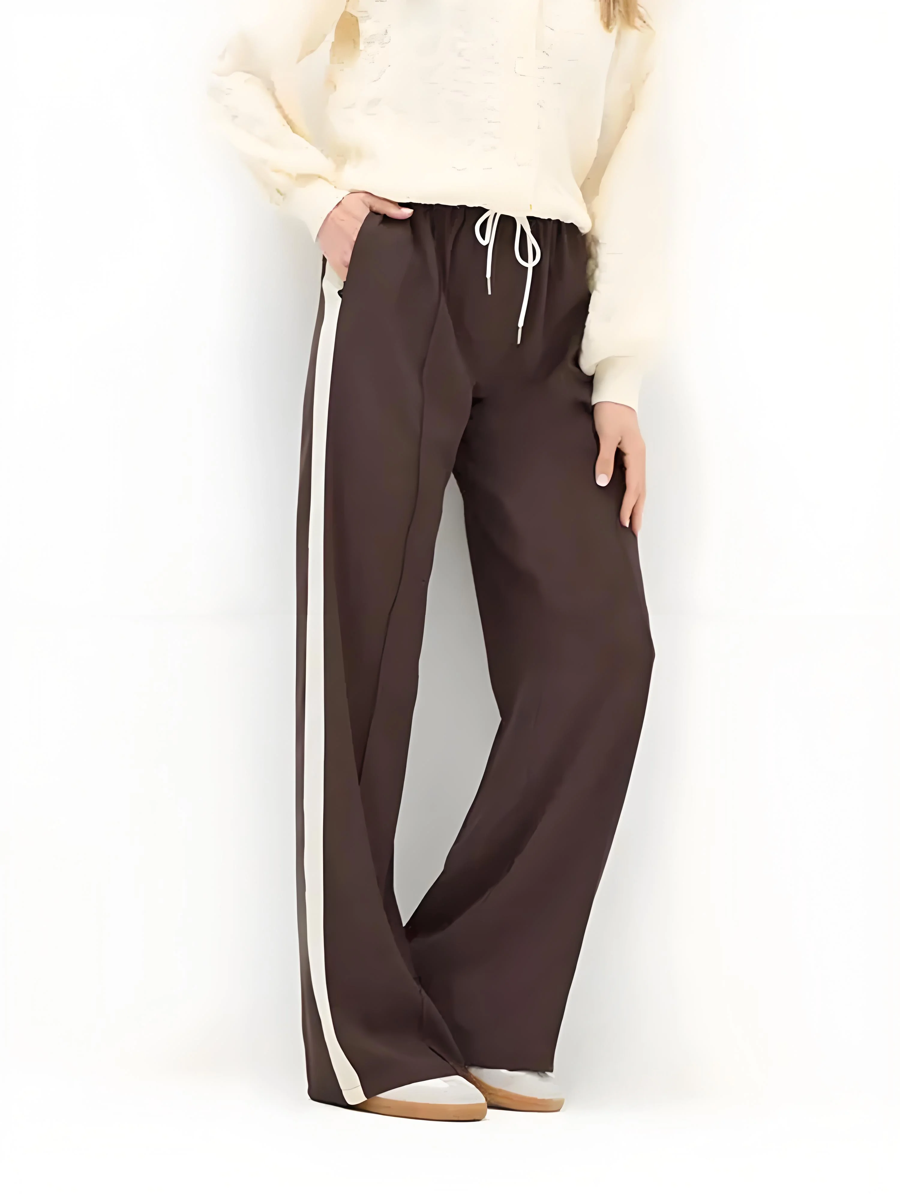 Women's Dark Brown Drawstring Wide Leg Sweatpants | Side Stripe Draped Flattering Casual Sports Trousers