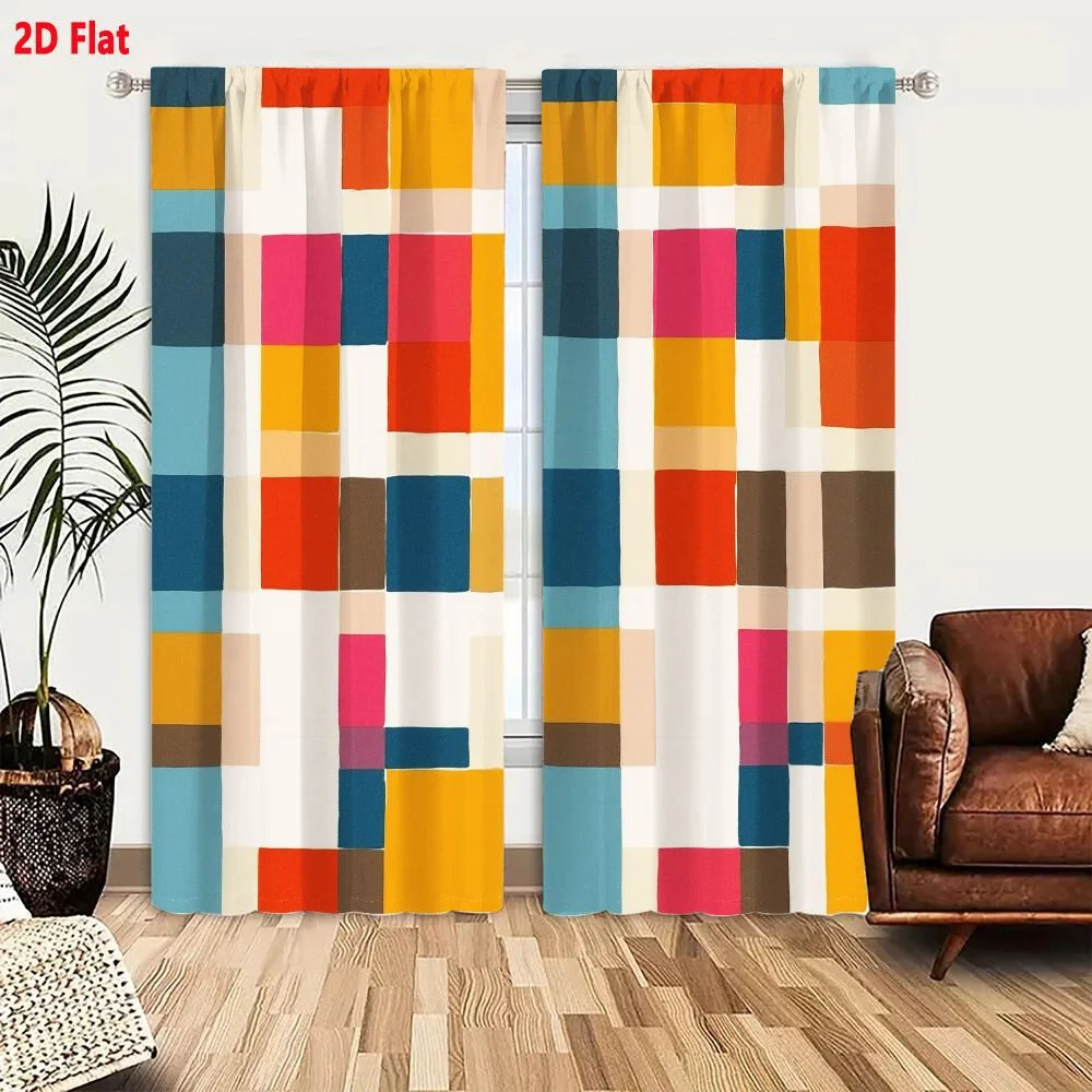 2Pcs Curtains 2D Flat Vibrant Abstract Geometric Pattern With Warm And Cool Tonal Rectangles For Modern Decor Window Drapes for