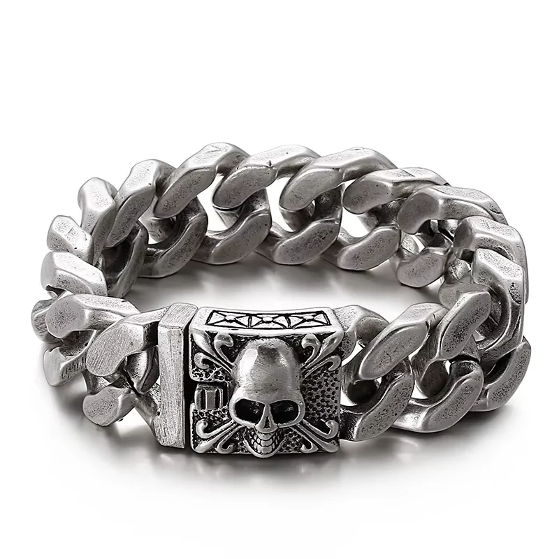 Fongten Gothic Skull Bracelets For Men Ancient Silver Color Stainless Steel Cuban Chain Heavy Bracelet Bangle Jewelry Wholesale