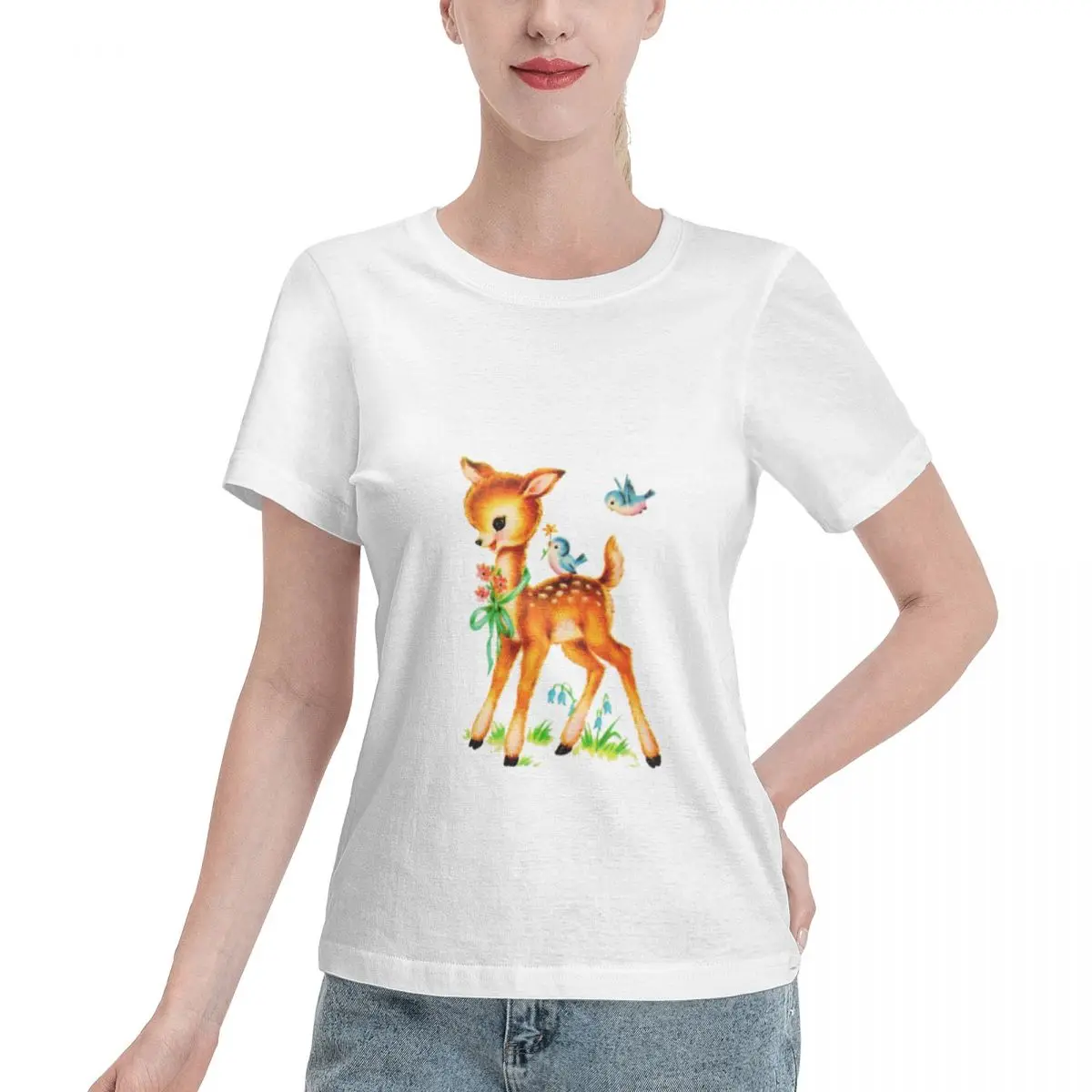 Popular On Social Cute Deer Vintage Deer Vintage Image Cute Birds Women's T-shirt Solid Color Travel Wear Top