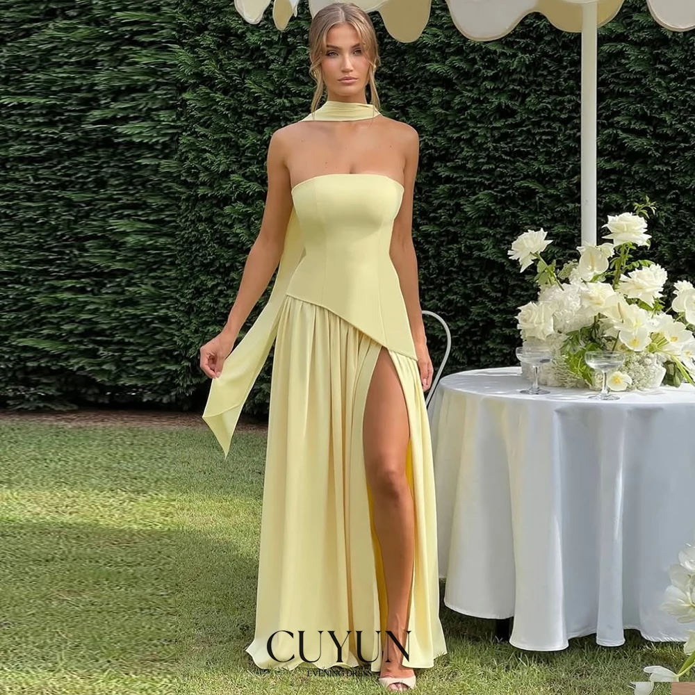 

CUYUN Strapless High Slit Evening Dresses Yellow Sleeveless Prom Dress Customized A Line Women Party Dress for Wedding Guest