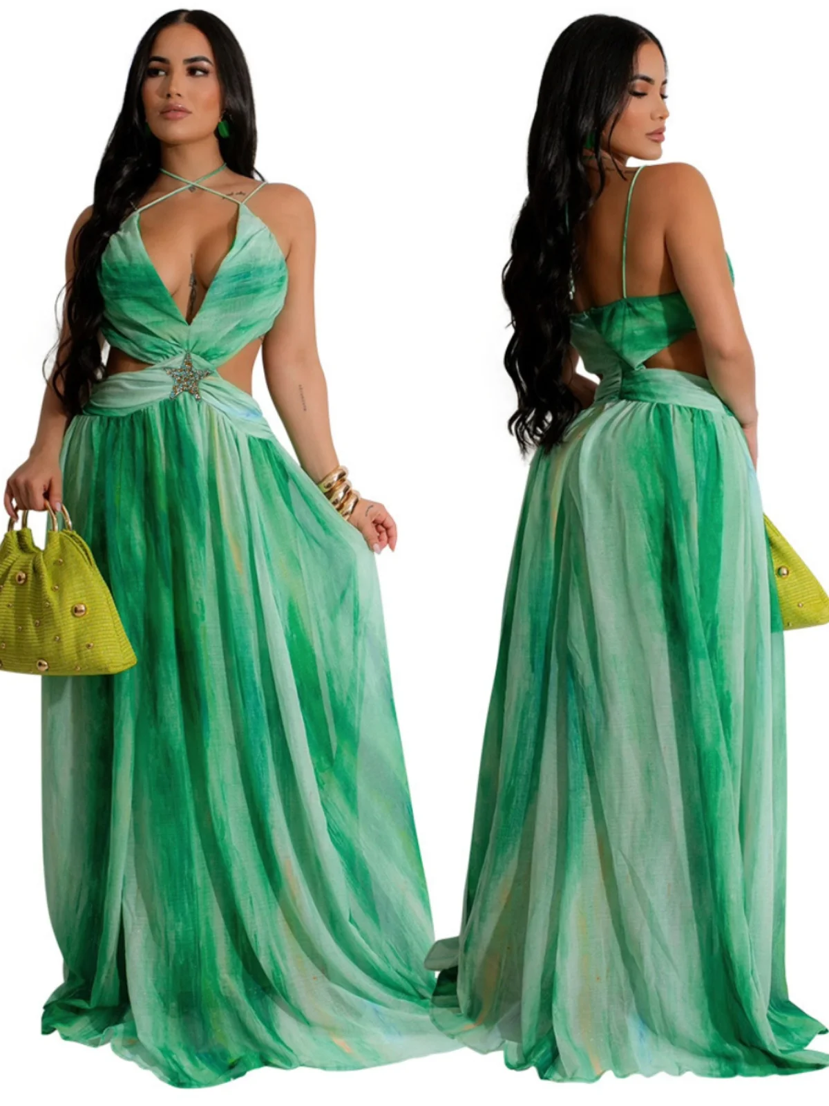 Printed V-neck Sleeveless Dress with Lace-Up Detail  Style mid Waist Polyester Fiber One Step Skirt Chinese Production
