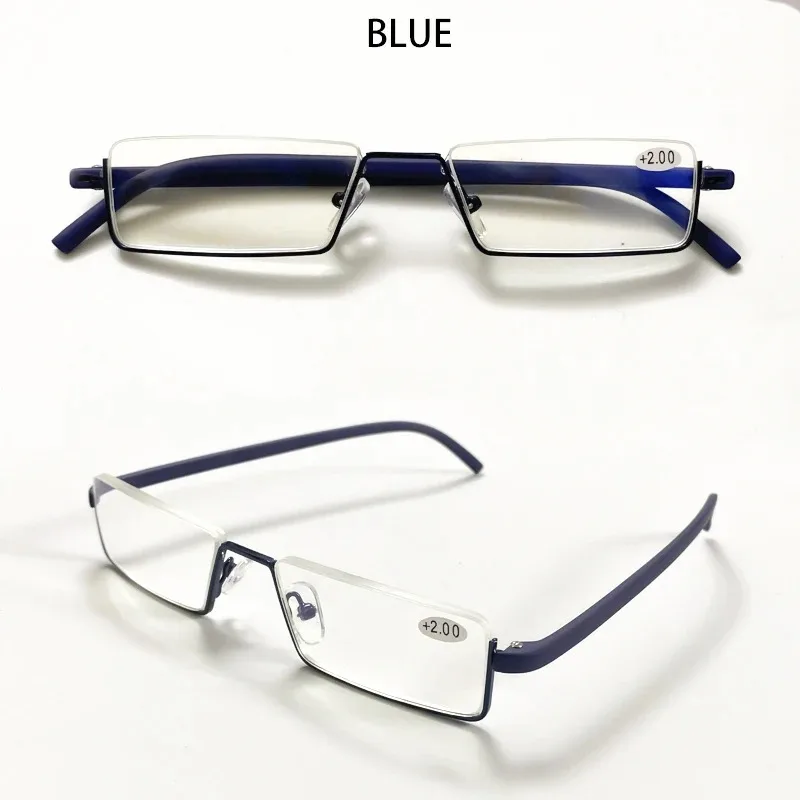 Anti-Blaulicht-Lesebrille für Herren, Retro-Metall-Halbrahmen, quadratische Presbyopie-Brille für Unternehmen, +125+175+225+275 – Detail 19