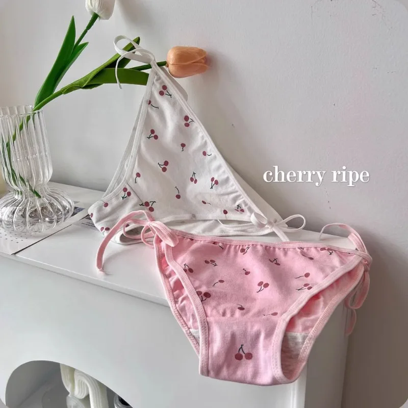 Lolita Sweet Cherry Pattern Cotton Panties Women Sexy White Pink Lace Up Strap Underwear Soft Low Waist Briefs Anime Maid Thongs