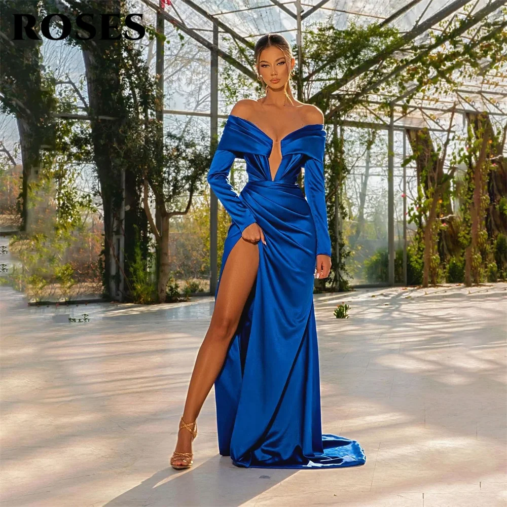 

ROSES Off the Shoulder Side Split Womens Evening Dresses Stain Royal Blue Prom Dresses Pleat Full Sleeves V Neck Robe De Soirée