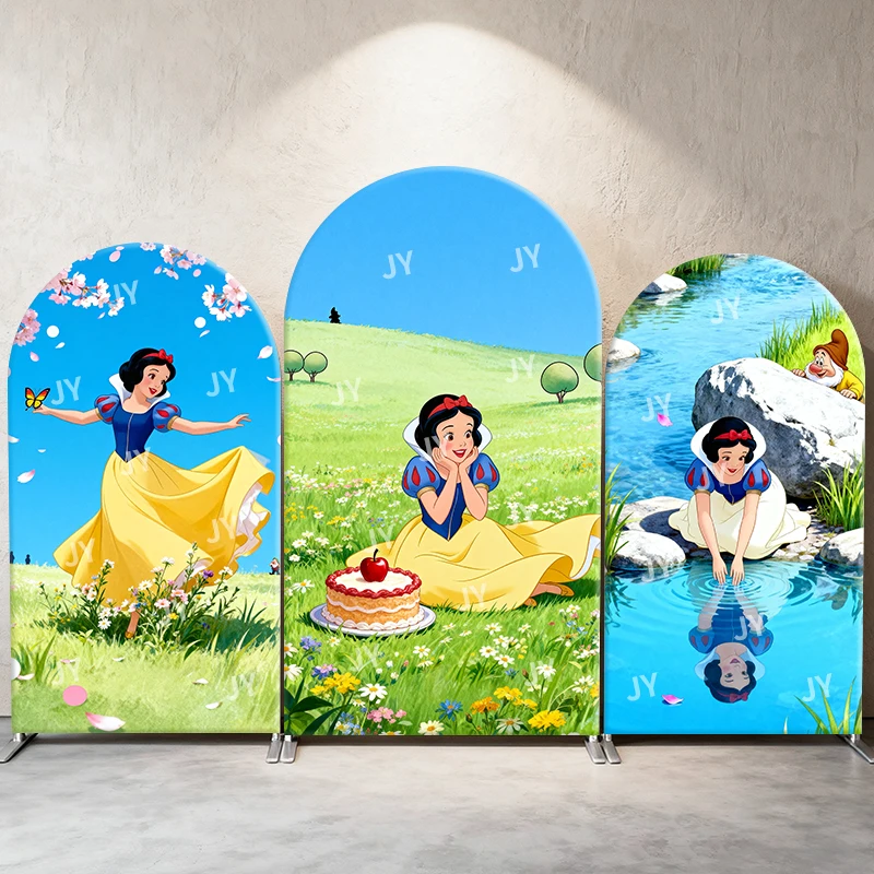 

Snow White Arch Backdrop Cover Meadow Cake Cherry Blossom Scene Princess Theme Kids Birthday Party Photo Booth Decor Background