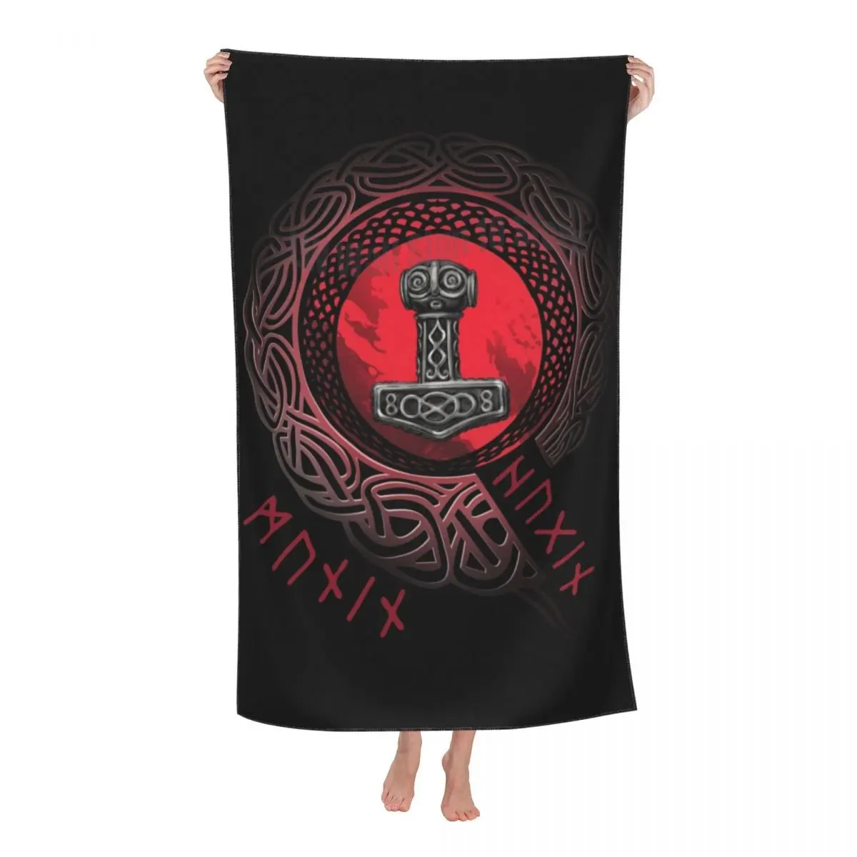 Viking Runes Thor Mjolnir Beach Towel Customized Norse Valhalla Odin Breathable Microfiber Pool Towels