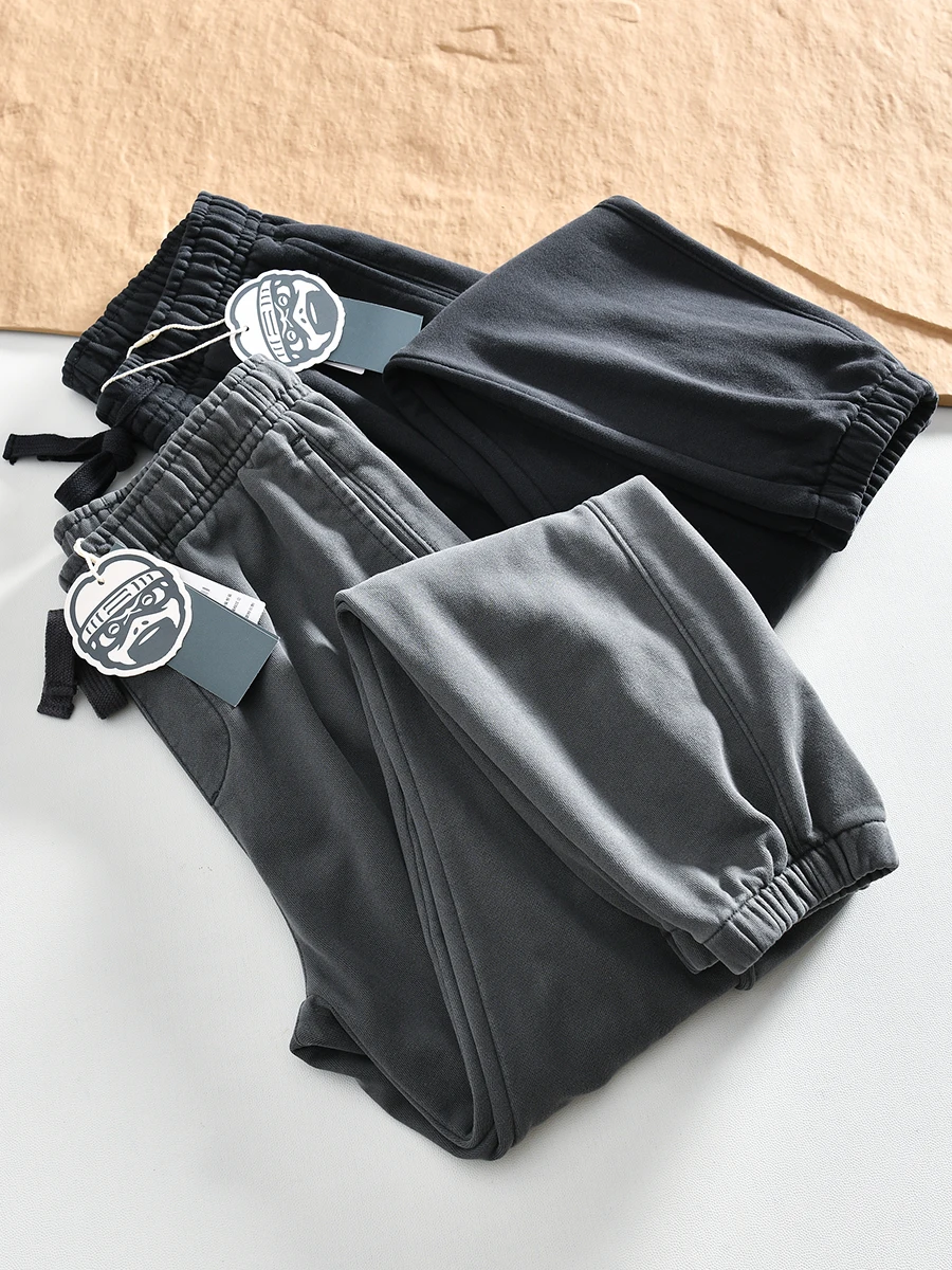 Washed Cotton Leisure Pants Elastic Waist Sports Sweatpants Men's Fashionable Trendy Track Pants Straight Leg Casual Trousers