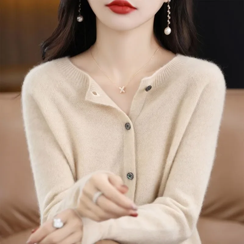 

Fashion Spring Autumn 100% Knitted Cardigan Sweater Women O-Neck Long Sleeve Thin Short Knitwear Female Loose Clothes Tops W1093