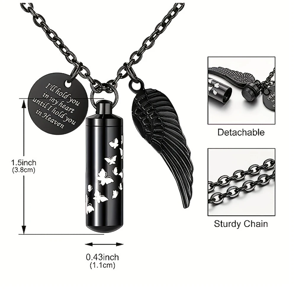 Butterfly Cremation Necklace For Ashes Of Loved Ones Pet Stainless Steel Cylinder Memorial Urn Jewelry With Angel Wing Keepsake