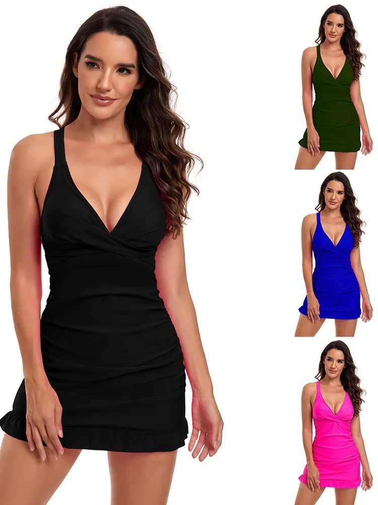 ملابس السباحة النسائية عالية الجودة النايلون الصيف تنورة نمط Tankini العميق الخامس بلون Strappy زي سباحة من قطعتين المرأة التخليص