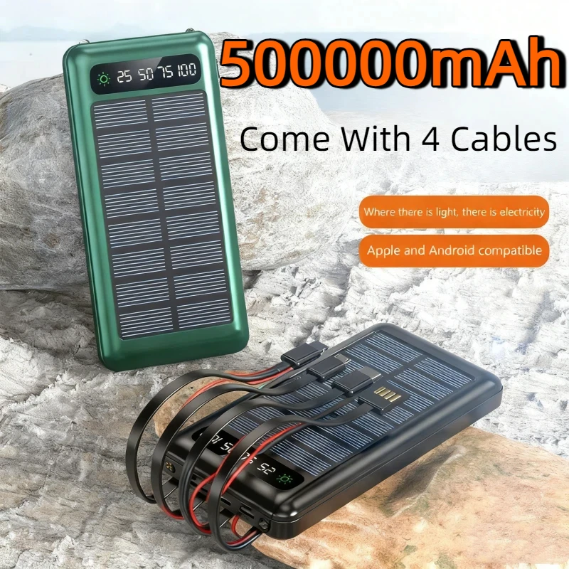 Solar Power Bank 500000mAh Large Capacity Mobile Power Fast Charging Battery With Dual USB 4 Cables For iPhone Samsung