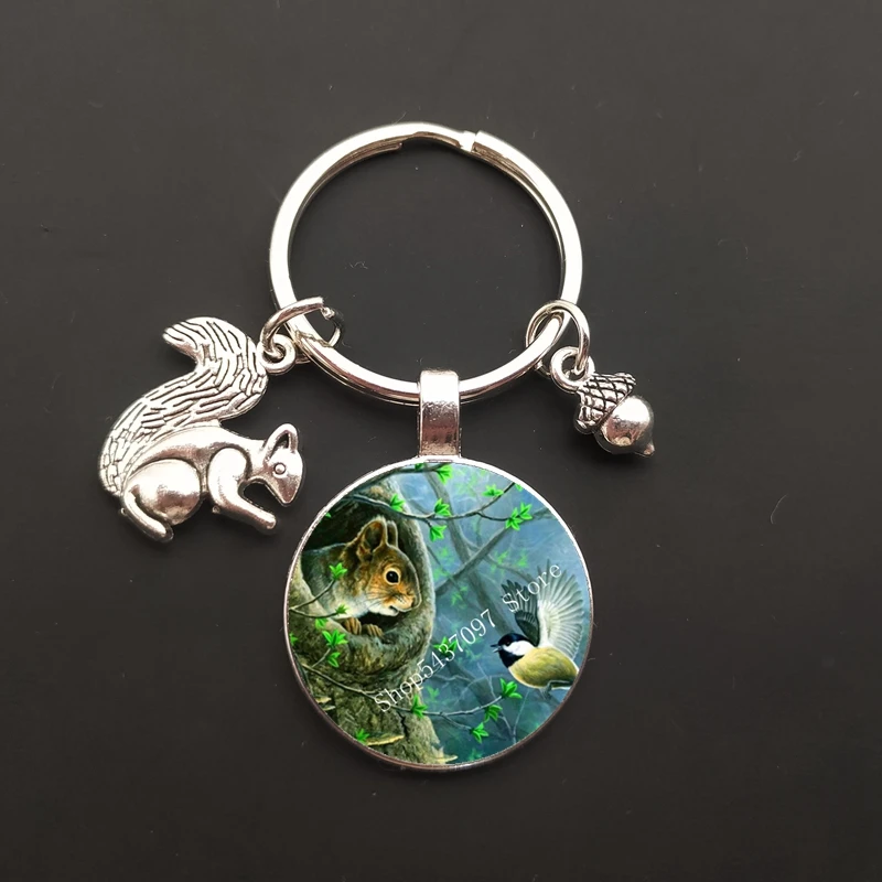 Cute Squirrel Glass Image Keychain Fashion Metal Squirrel Pine Nut Keychain Animal Keychain Car Keychain Jewelry Gift Handbag