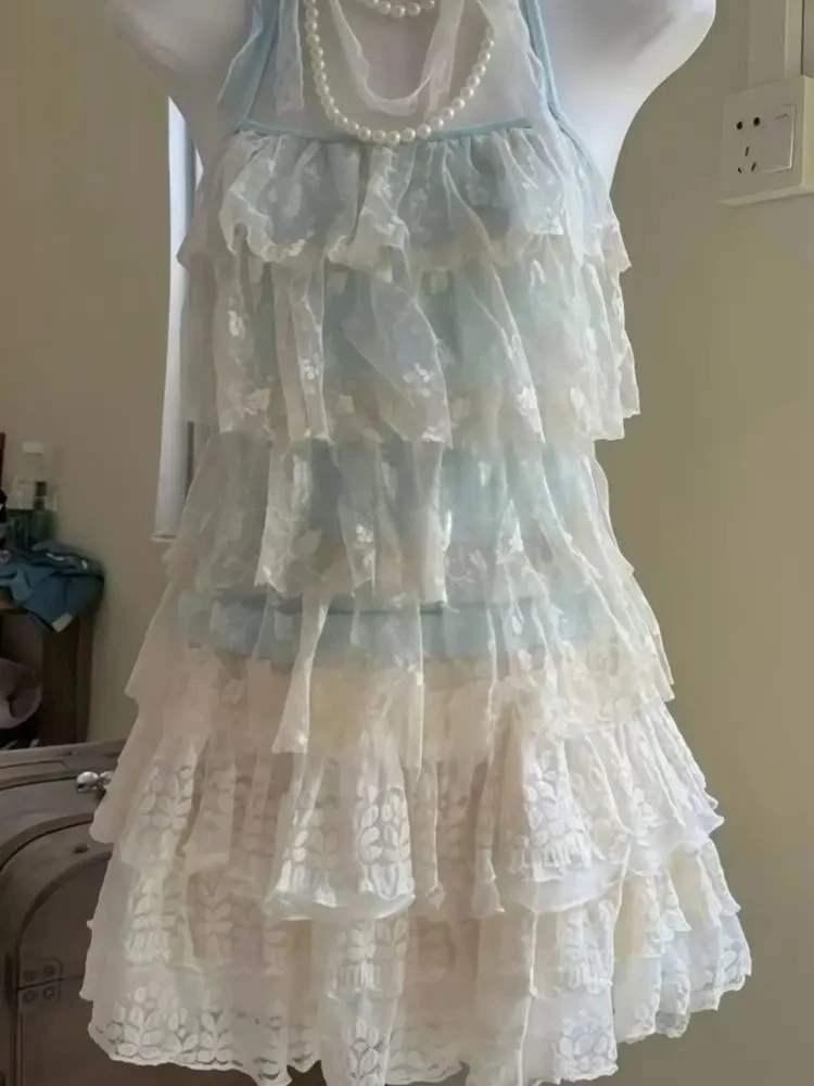 여름 달콤한 귀여운 레이스 업 2 피스 세트 여성 캐주얼 레이스 스플 라이스 민소매 슬래시 넥 탑 + Y2k 하이 웨스트 미니 스커트 한국어