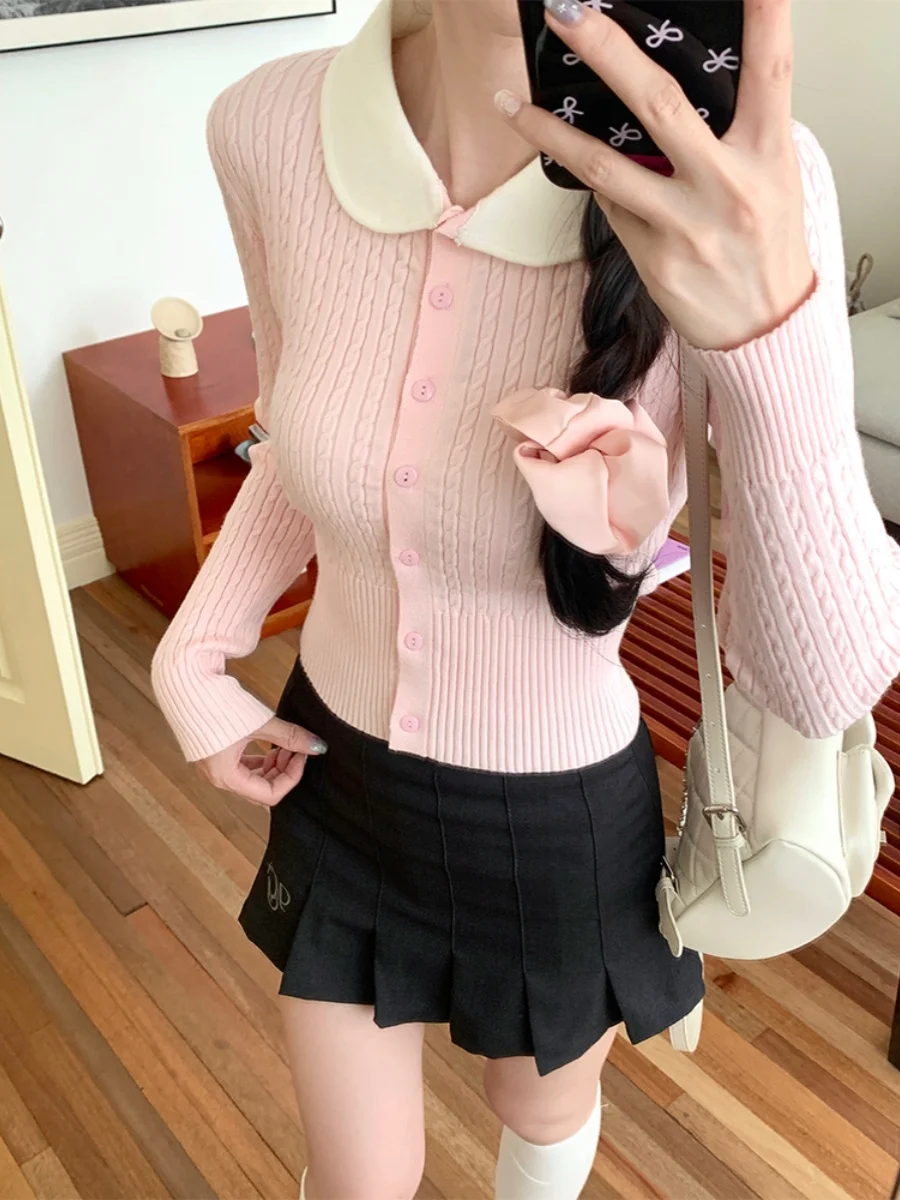 Pullover, Pullover, Strickjacken, Damen, für Damen, lang, Pendeln, flach gestrickt, Metallknopf, gerade Linie, BF, Y2K-Tag, professioneller Stil, sexy