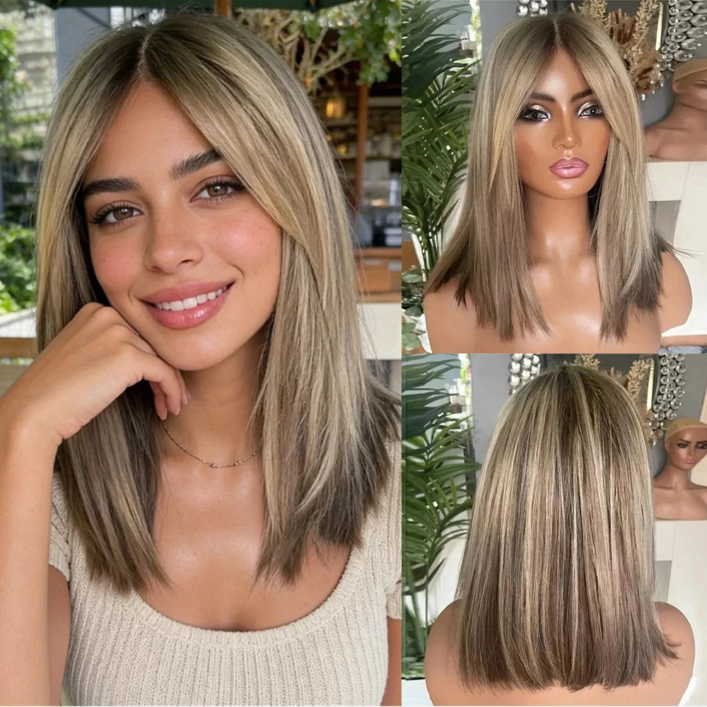 

Girls Party Wig Short Straight Bob Layered Wig Dark Ash Blonde Lace Front Wig High Heat Fibre Synthetic Wig 13x4 Lace Front Wig