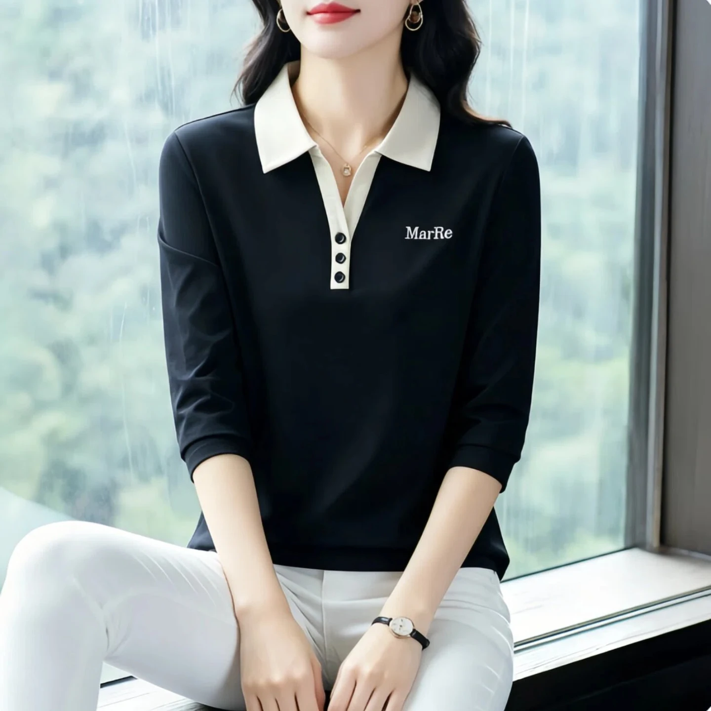 Elegant Long Sleeve Collared T-Shirt for Women Mid-Aged And Elderly Fashionable Age-Defying Commute-Inspired Mommy Wear